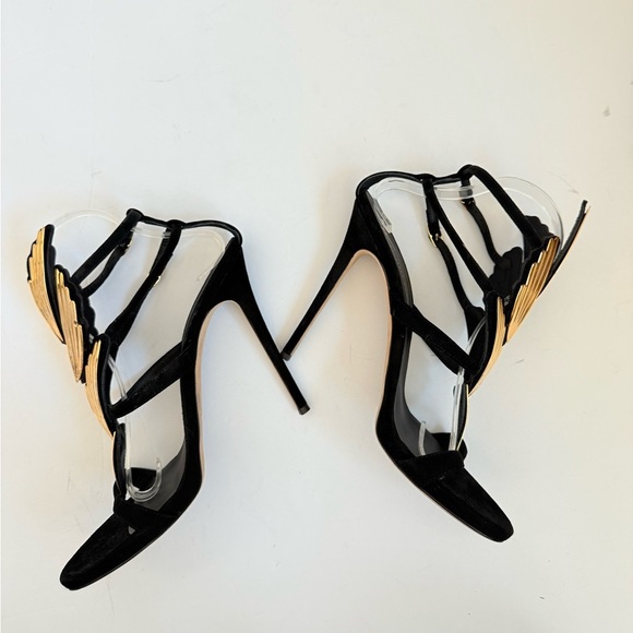 Giuseppe Zannoti Black Suede Leather Gold Wings Cruel 2.0 High Heel Sandals EU41 - Picture 6 of 12